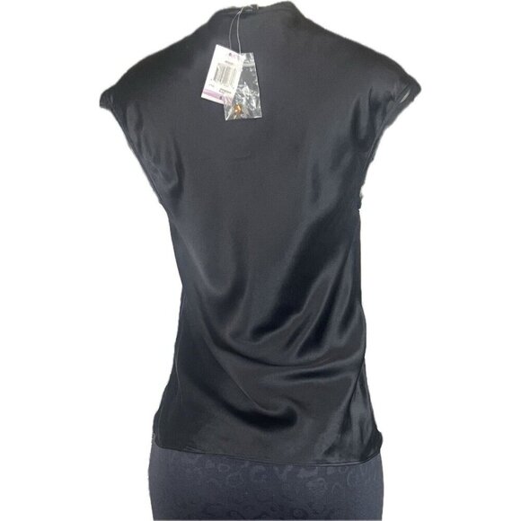 INC 6 Black 100% Silk Jewel Cinched V- Neck Raw Edge Mesh Trim Sleeveless Blouse - Picture 4 of 6